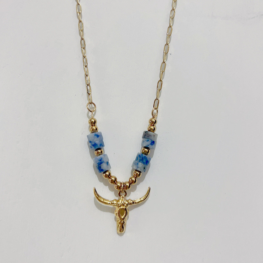 Wholesale Bohemian Bull Head Pendant Stainless Steel Natural Stone Necklaces ACC-NE-Youbi003