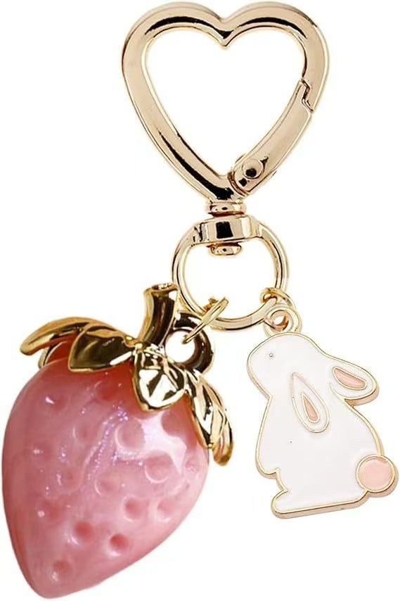 Wholesale Cute Strawberry Pearl Bow Bag Charm Keychain Plastic Resin Pendant Boutique Resale Car Key Accessory