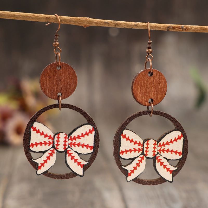 Wholesale Creative hollow ring stitching bow baseball pattern sports style wooden earrings
