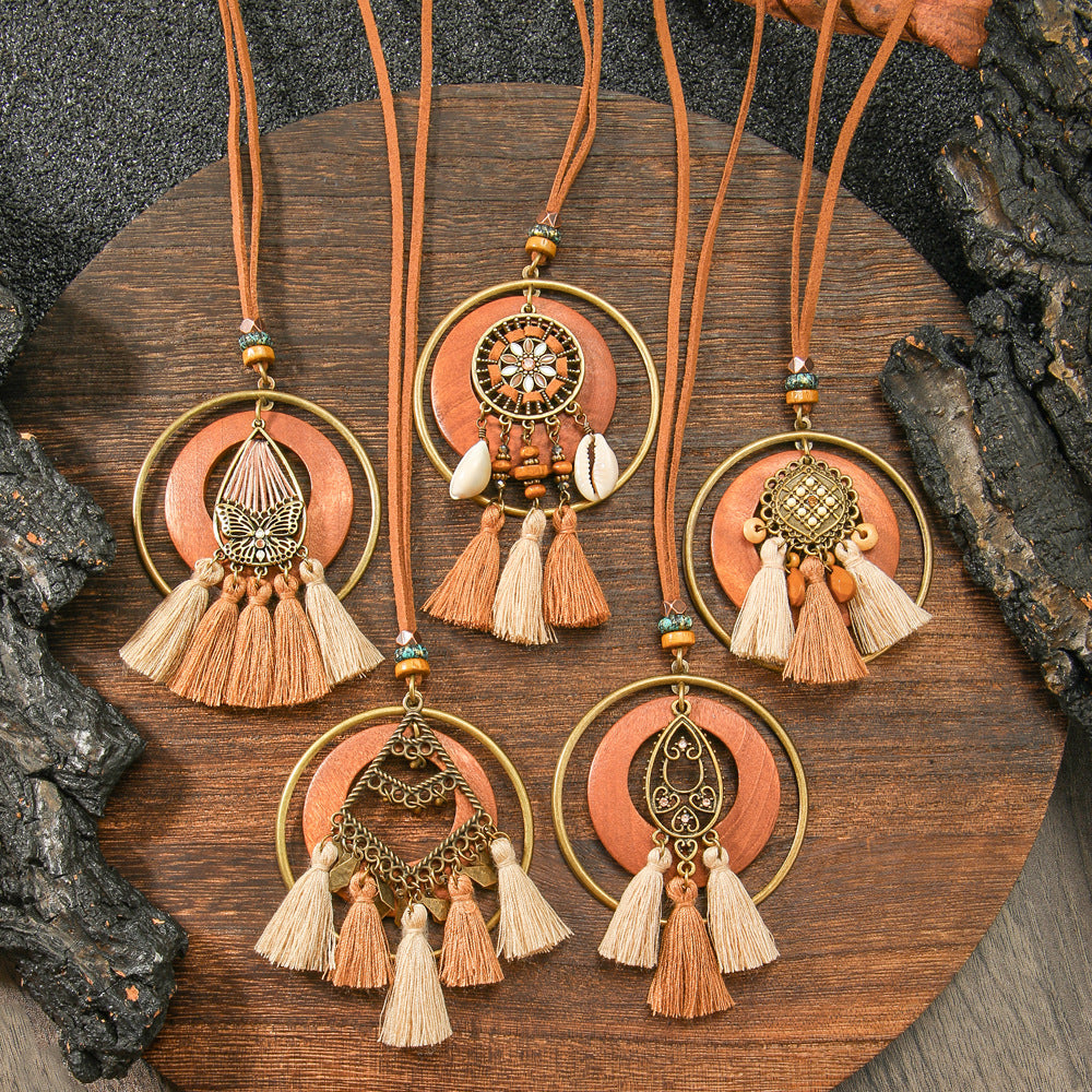 Wholesale Zinc Alloy Bohemian Ethnic Style Long Necklace with Wooden Tassel