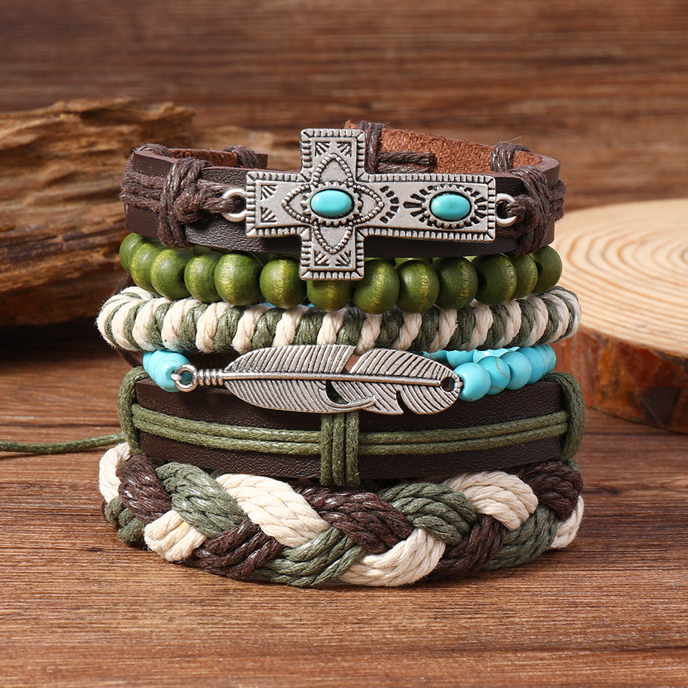 Wholesale Bohemian Turquoise Wood Bead Feather Cross Charms 6PCS DIY Jewelry Making Kit Leather Cord Boutique Craft Supply
