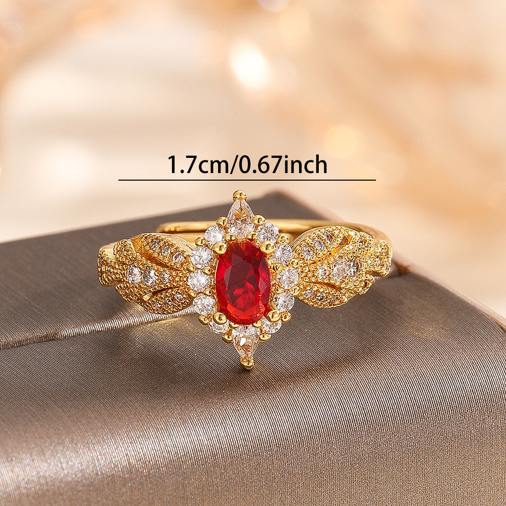 Wholesale Trendy French Royal Style Adjustable Copper Zircon Ring Golden Ruby Electroplated Finish Boutique Jewelry Gift