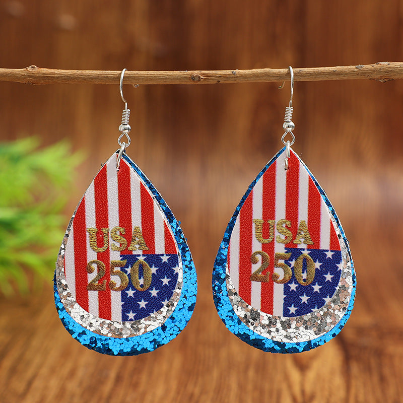 Wholesale American Flag Water Drop 250th Anniversary Party Earrings with Multi Layer Sequins