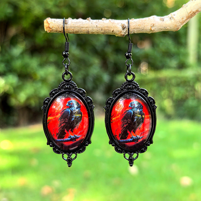 Wholesale Halloween Black Crow Time Gemstone Pendant Earrings