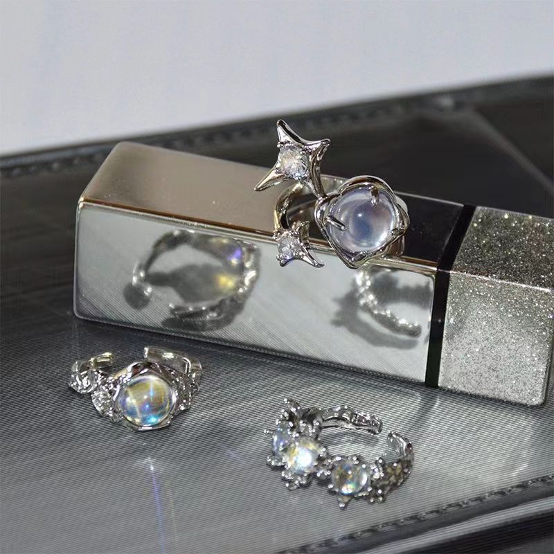 Wholesale Alloy Plated Irregular Open Ring With Zircon And Cat S Eye Moonstone Geometric Design Chic Jewelry Accessory For Women