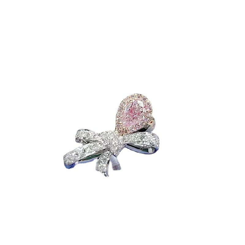 Wholesale Light Luxury Pink Micro-inlaid  Full Diamond Zircon Bow Water Drops Rings
