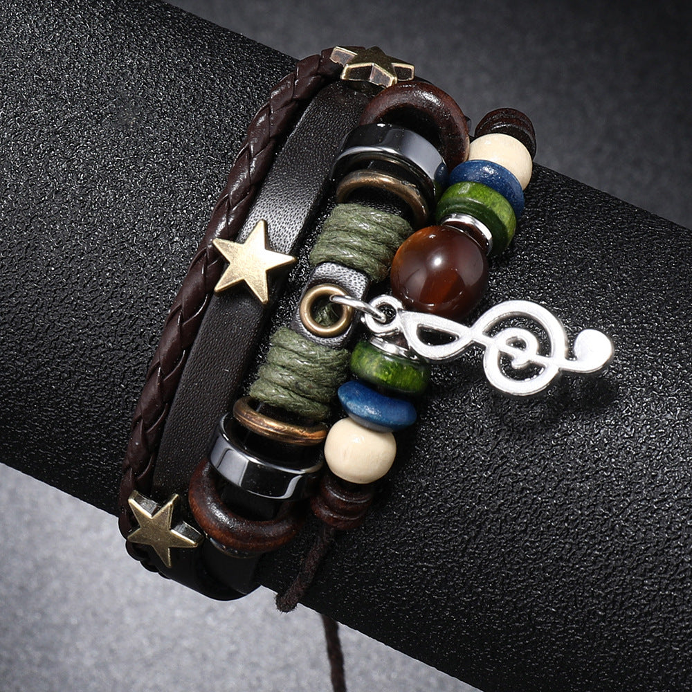 Wholesale Layered Leather Beaded Bracelet with Music Note Pendant – Unisex Electroplated Jewelry Accessory