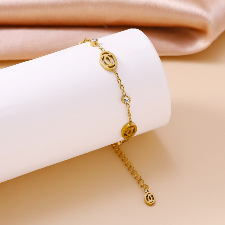 Wholesale Oval Letter Charm Stainless Steel Bracelet with Rhinestones Boutique Jewelry Accessory