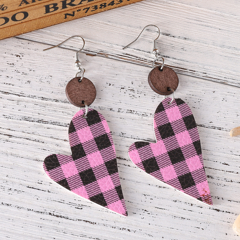 Wholesale Faux leather Valentine' s Day checkered heart double-sided dangle earrings