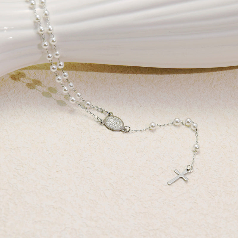 Wholesale Titanium Steel Cross Pearl Necklace Light Luxury Jewelry