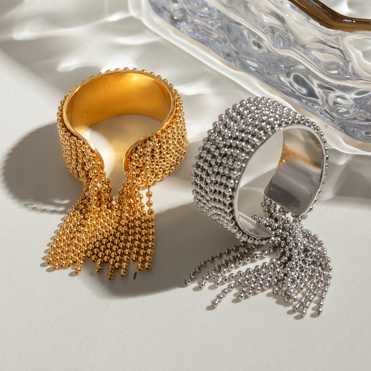 Wholesale  light luxury  18k gold stainless steel eight-layer round bead tassel open ring