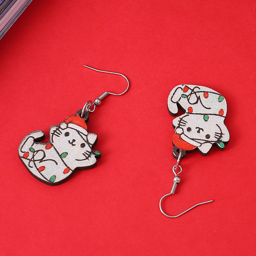 Wholesale Christmas lights cat pendant wearing a Santa hat wooden double-sided earrings