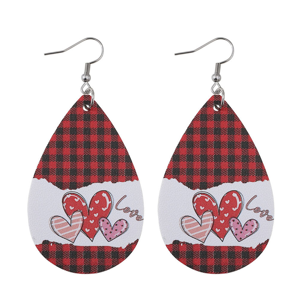 Wholesale Personalized Water Drop Love Grid Double-Sided PU Leather Earrings ACC-ES-ChuLian121