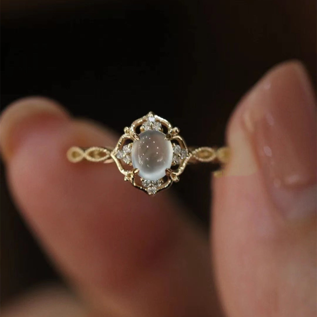Wholesale White Chalcedony Egg Ring Copper Open Ring Zircon Gift for Her