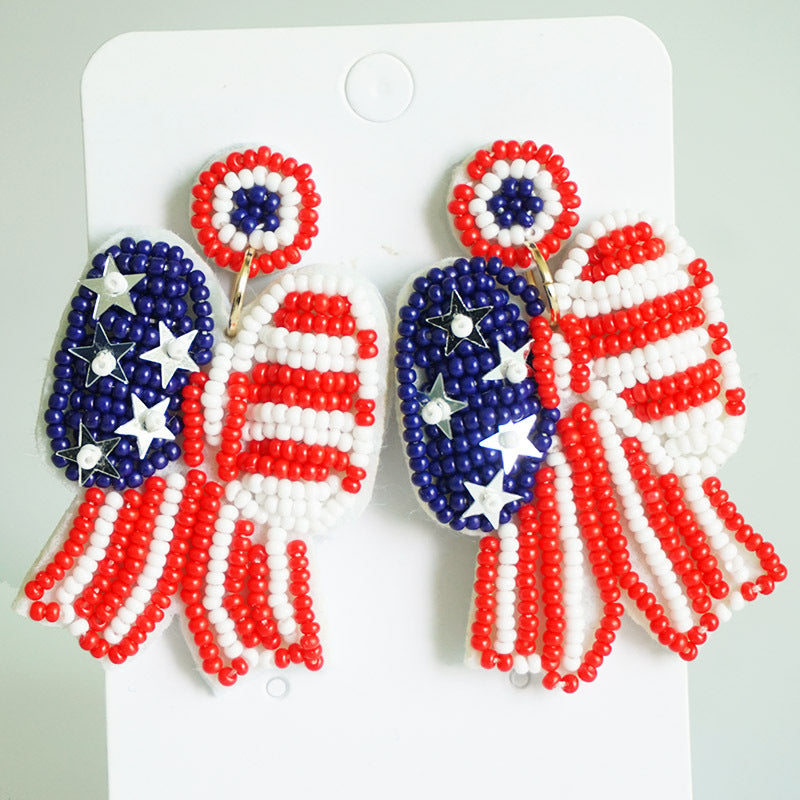 Wholesale 2 Pairs/pack American Independence Day Handmade Rice Beads Beaded Bow Love Heart Rainbow Earrings ACC-ES-HY045