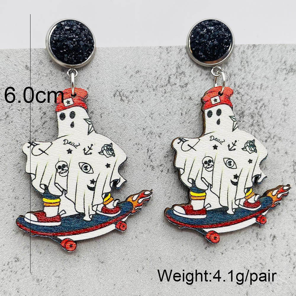 Wholesale Halloween Thanksgiving Ghost Pulley Wood Earrings ACC-ES-ChenY040