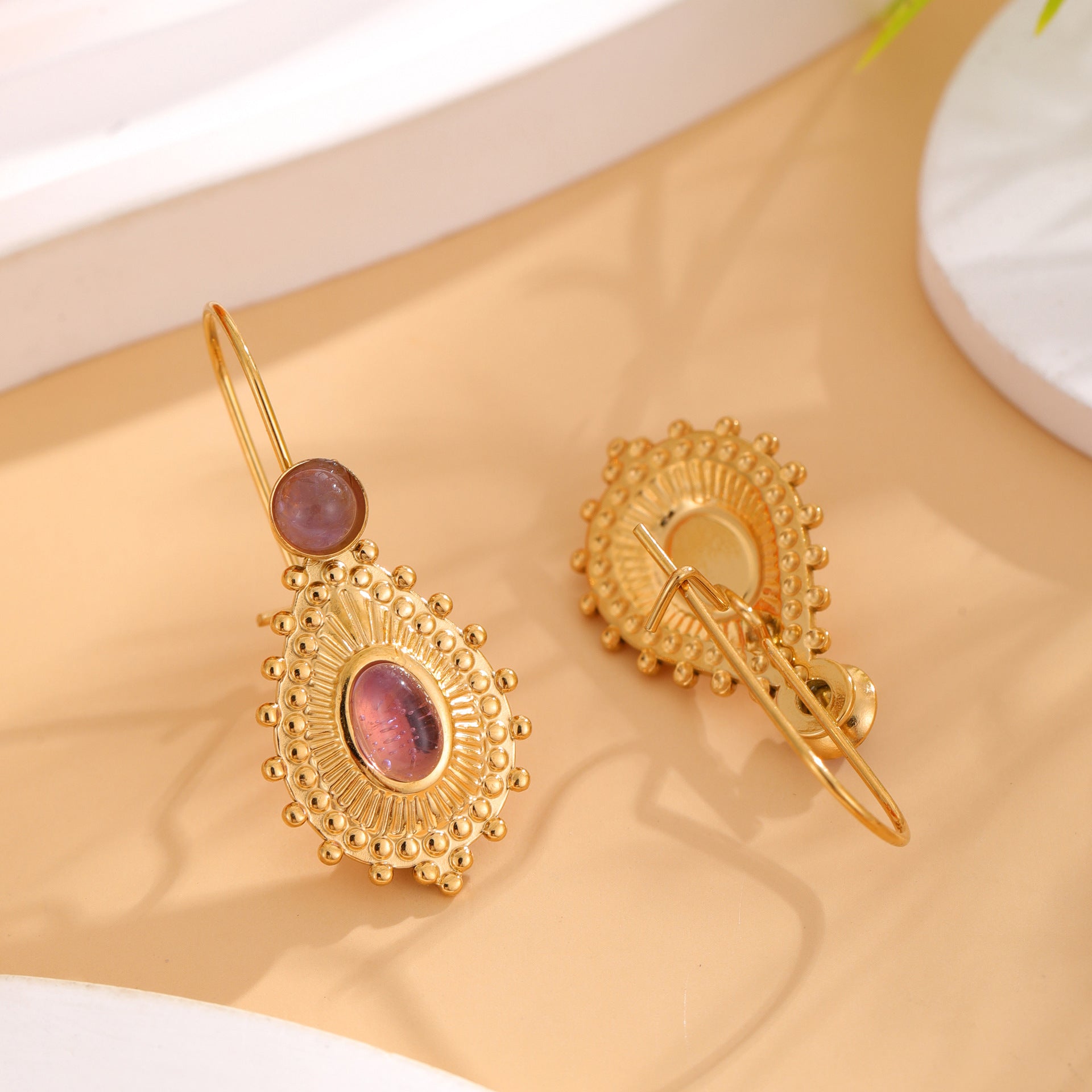 Wholesale  stainless steel inlaid natural stone retro earrings