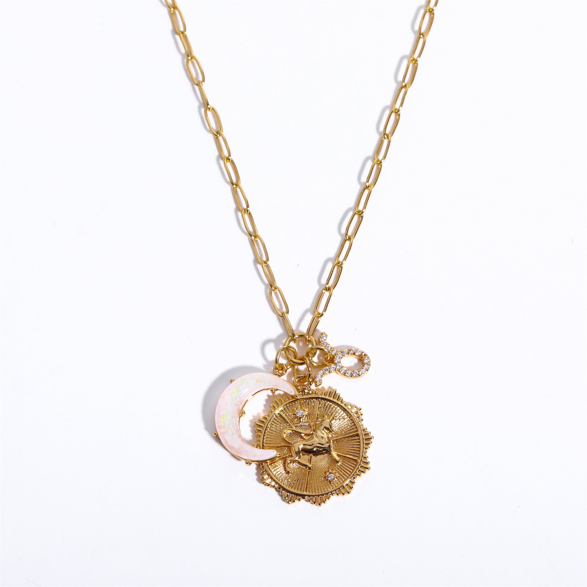 Wholesale  Micro Set Zircon Twelve Constellation Rune New Moon Moon Opal Pendant Necklace