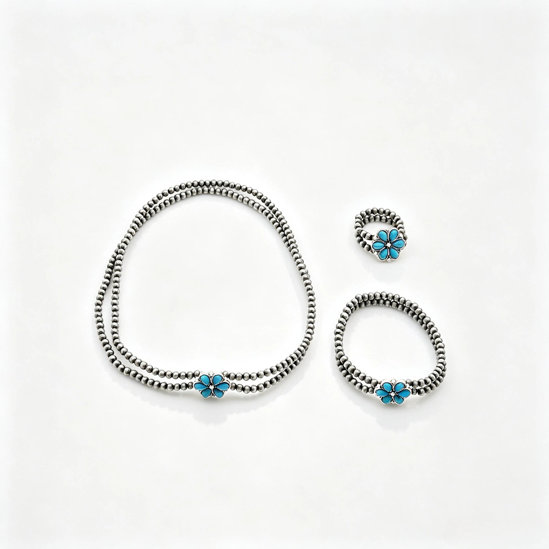 Wholesale Vintage Turquoise Flower Bead Jewelry Set Necklace Bracelet Ring Ethnic Style Fashion Accessory