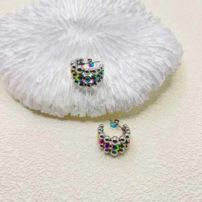 Wholesale Three-layer C-shaped Stainless Steel Earrings Light Luxury Earrings Steel Bead Earrings ACC-ES-BaiL004