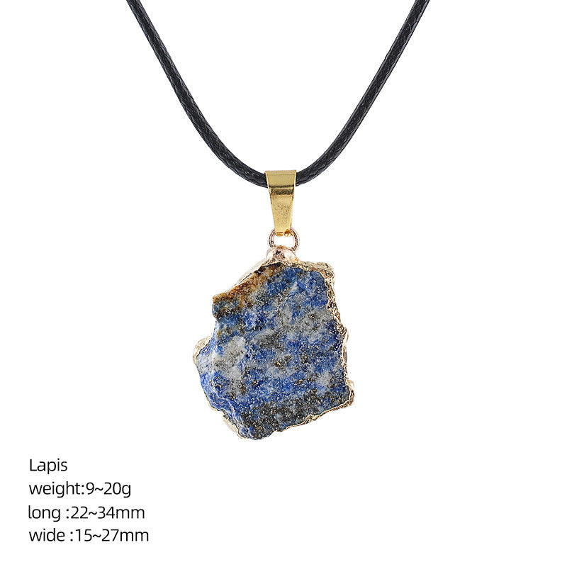 Wholesale Natural Crystal Raw Stone Pendant Necklace with Leather Rope Chain Irregular Hand-Hammered Electroplated Fashion Jewelry
