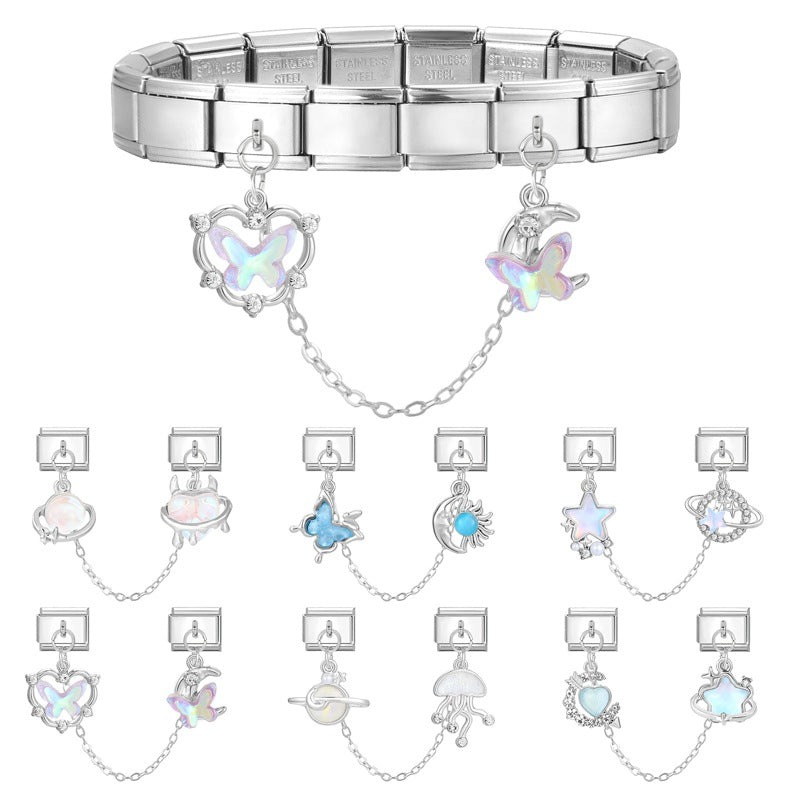 Wholesale 9mm Italian Charm Starter Bracelets DIY square double-pendant Creative Stainless Steel Composable Bracelet