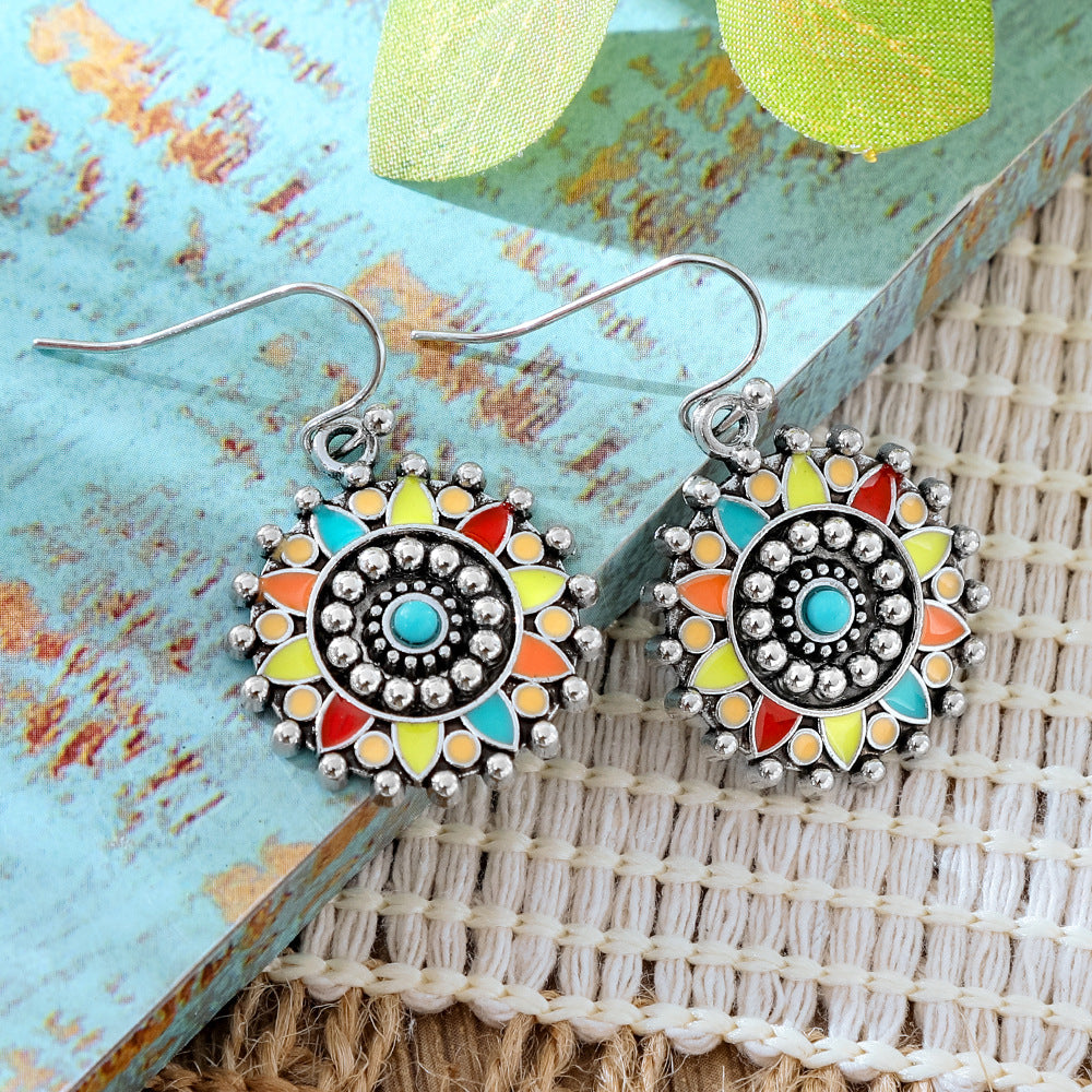 Wholesale Alloy Retro Ethnic Turquoise Bohemian Geometric Oil Drip Earrings Jewelry Accessory