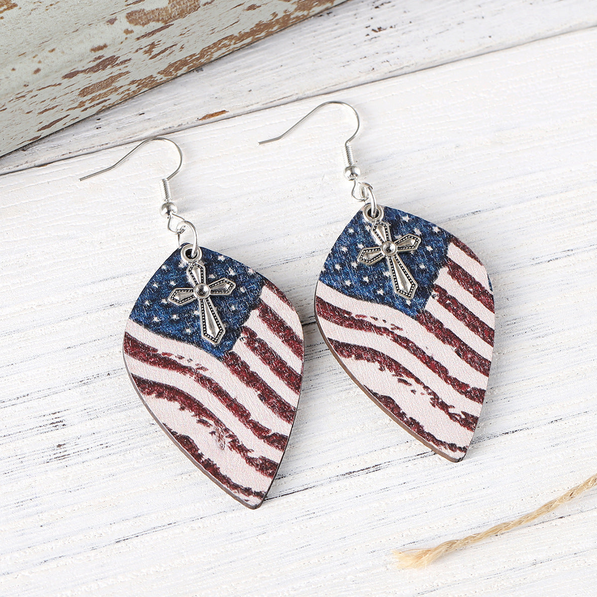 Wholesale Independence Day Dressed Red White Blue American Flag Cross Pendant Earrings