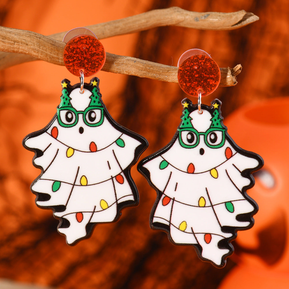 Wholesale Christmas Funny Cartoon Ghost Lantern Antler Hat Cute Christmas Acrylic Double-sided Earrings