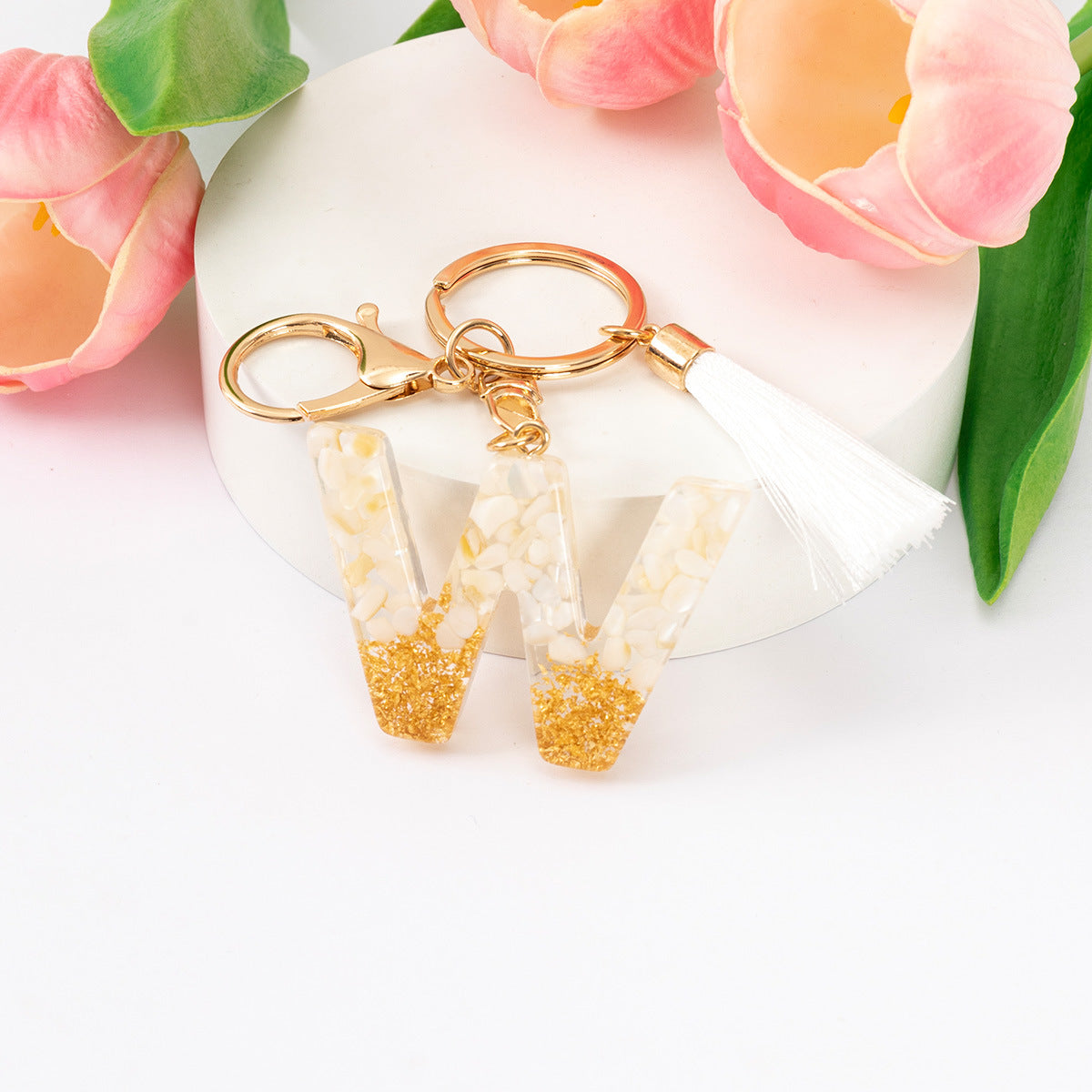 Wholesale Gold Foil New Resin Crystal Glue White Tassel Color English Digital Keychain
