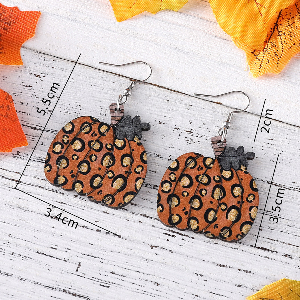 Wholesale Thanksgiving Day Leopard Print Pumpkin Pendant Wood Earrings ACC-ES-ChuLian030