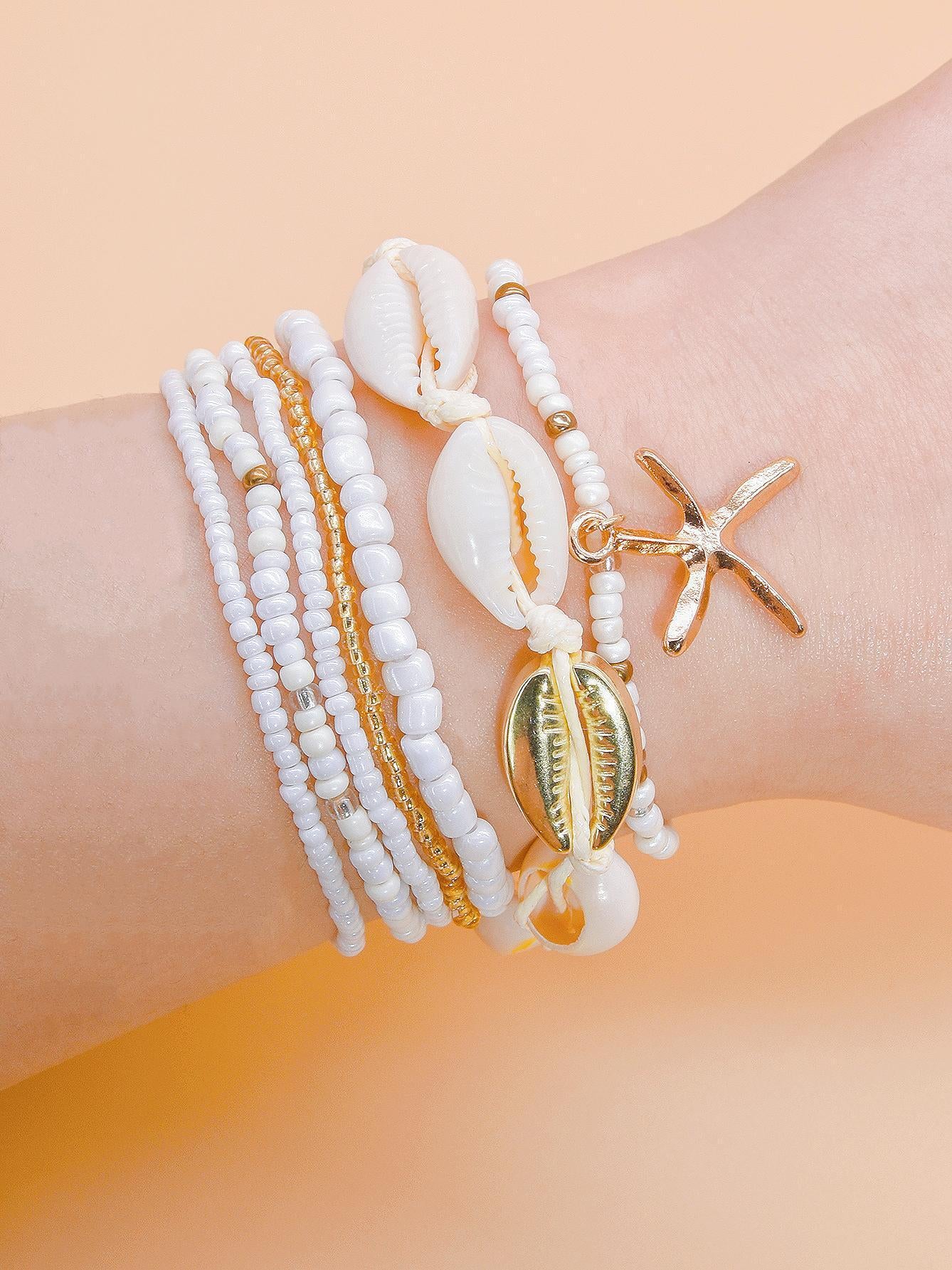 Wholesale Bohemian Beach Style Bracelet Set Summer Dopamine Starfish Rice Beads Shell Bracelet Six-piece Set ACC-BT-Yeb003