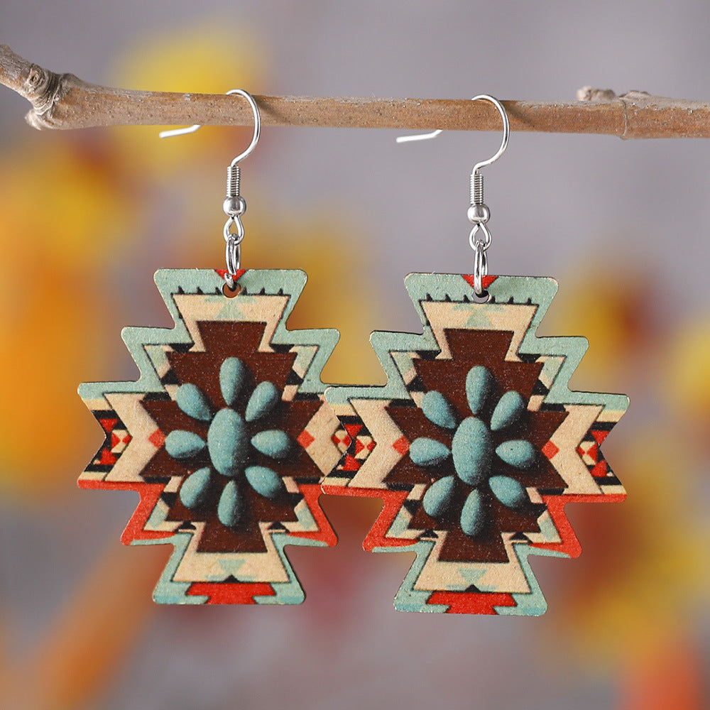 Wholesale Cross Turquoise Bull Head Leopard Cactus Wood Earrings