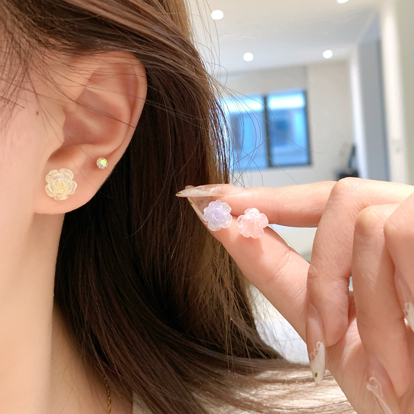 Wholesale Summer Super Fairy Color Resin Rose Zircon Earrings  Silver Needle