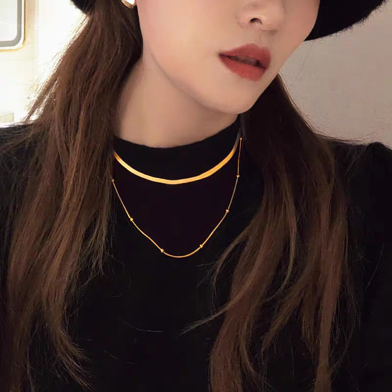 Wholesale Double Layer Flat Snake Chain Stackable Titanium Steel Gold Plated Necklace