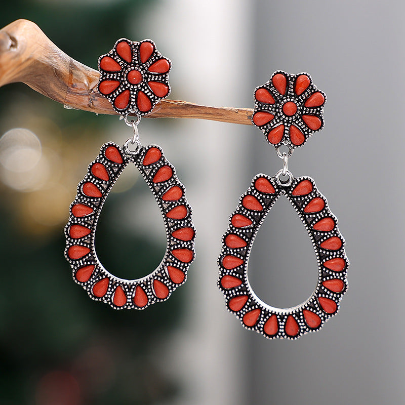 Wholesale Ethnic Style Retro Water Drops Red Pine Stone Earrings Bohemian Exaggerated Pine Stone Earrings