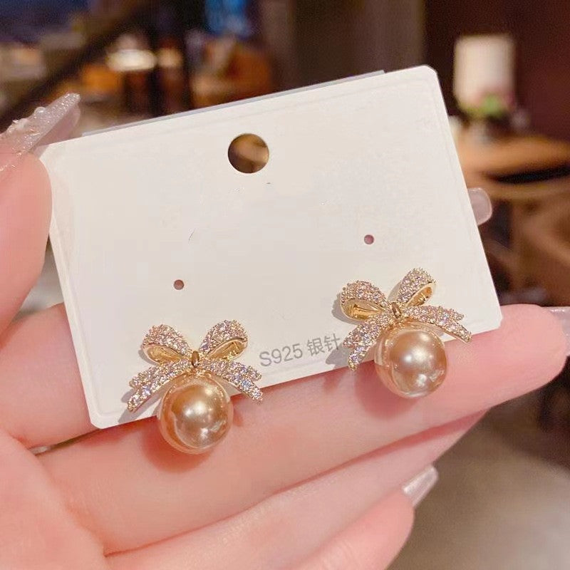 Wholesale Full Diamond Sweet Bow Pearl Earrings
