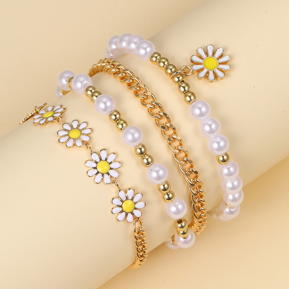 Wholesale Small Gold Beads Pearl Bracelet Set 4 Piece Bohemian Beach Small Daisy Bracelet ACC-BT-HZS003