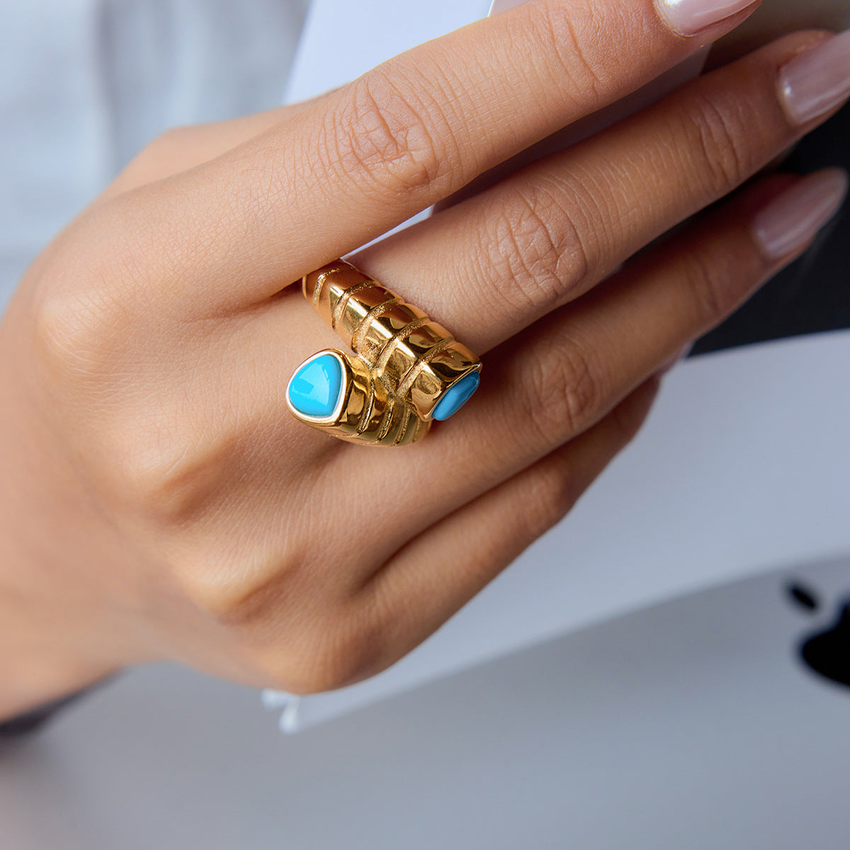 Wholesale 18K gold stainless steel blue turquoise cross ribbed ring