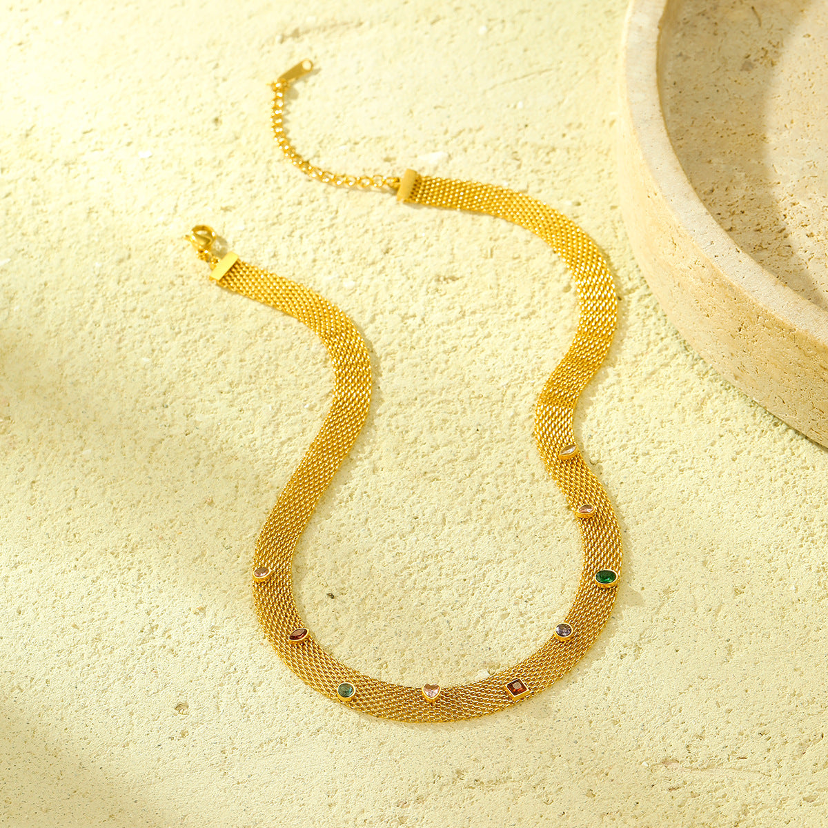 Wholesale Stainless Steel Ribbon Woven Colorful Zircon Necklace Bracelet suit