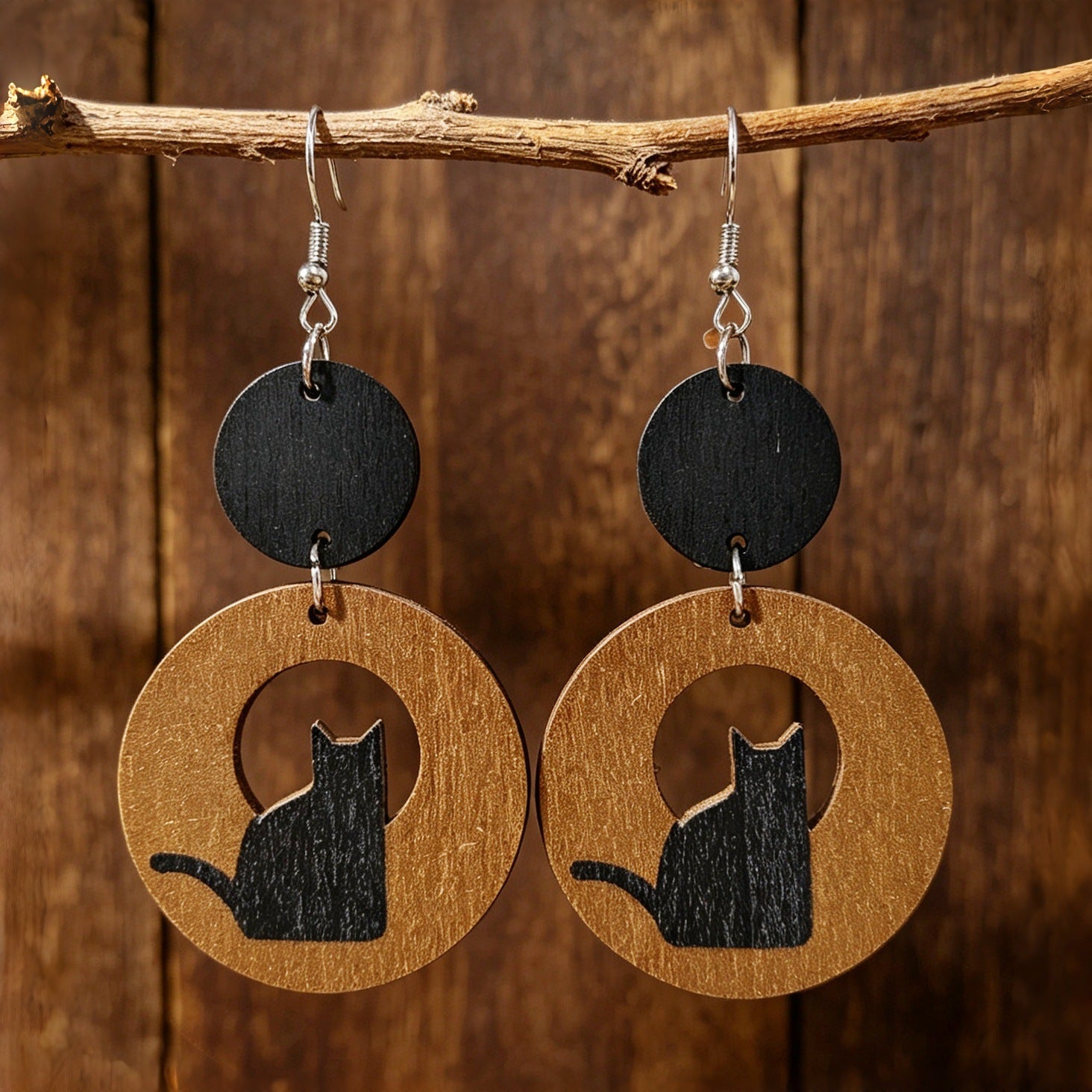 Wholesale Vintage Black Cat Hollow Wood Earrings Geometric Circle Silhouette Chic Jewelry Accessory For Resale