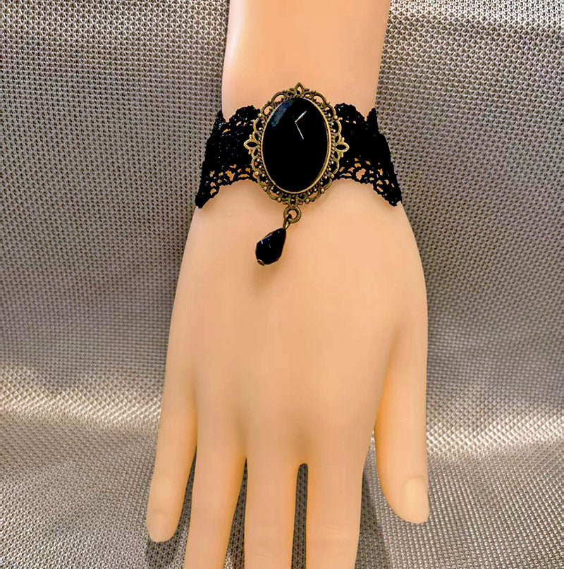 Wholesale Gothic Victorian Lace Bracelet with Red Crystal Pendant,  Chic Jewelry Accessory