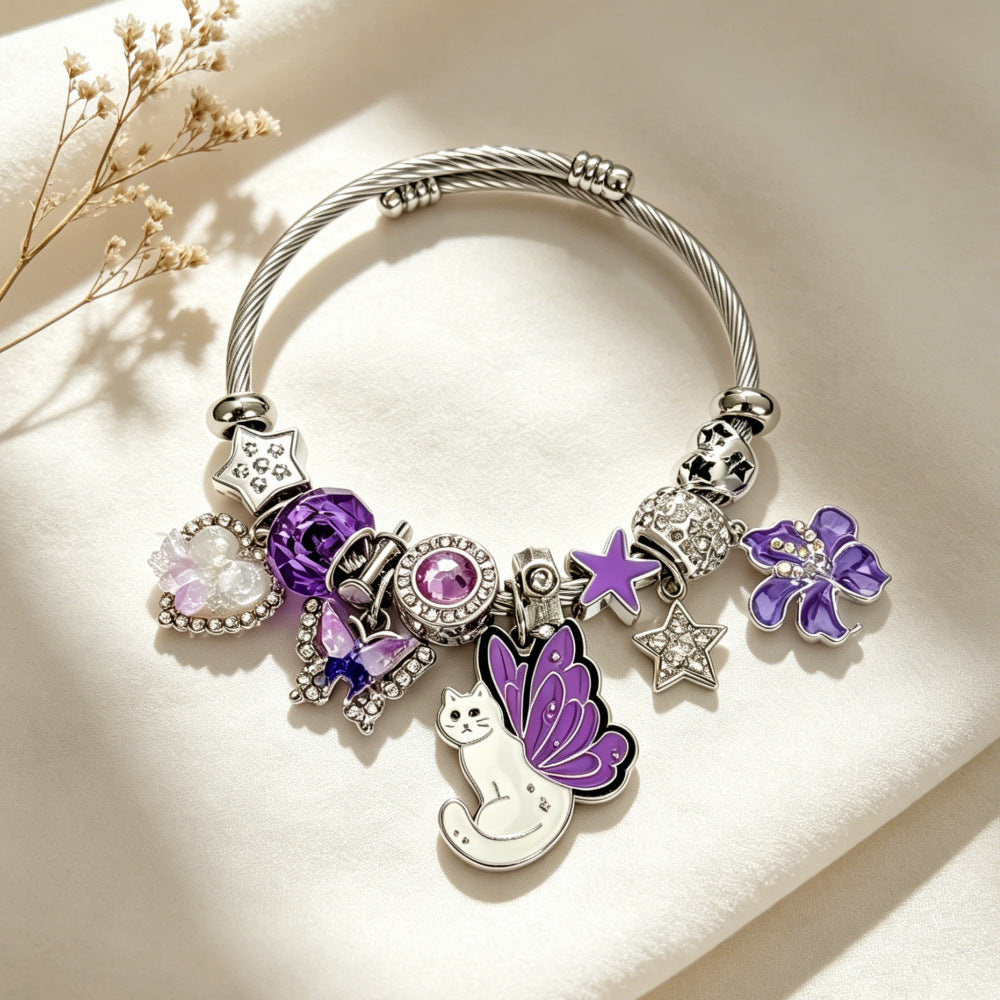 Wholesale Dreamy Purple Cat Design Beaded Bracelet Stainless Steel With Star Butterfly Flower Charms Fashion Accessory Gift