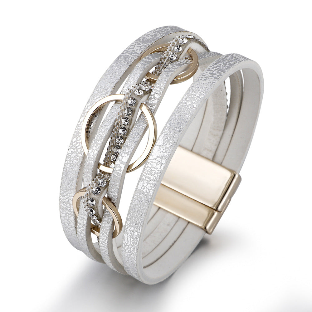Wholesale Pink PU Leather Women S Layered Bracelet With Magnetic Clasp And Interlocking Rings Stylish Jewelry Accessory For Everyday Wear