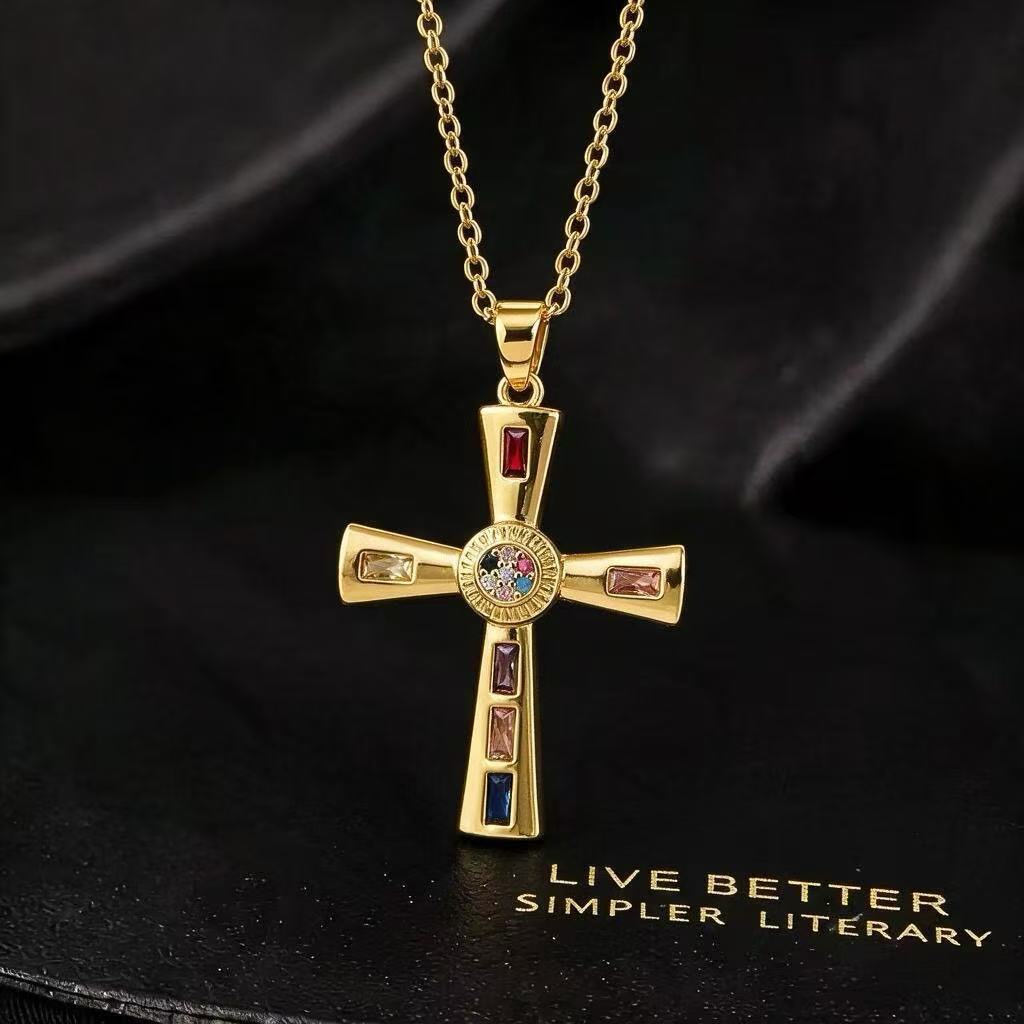 Wholesale Gold Plated Copper Zircon Cross Necklace Vintage Hip Hop Pendant Jewelry For Boutique Resale
