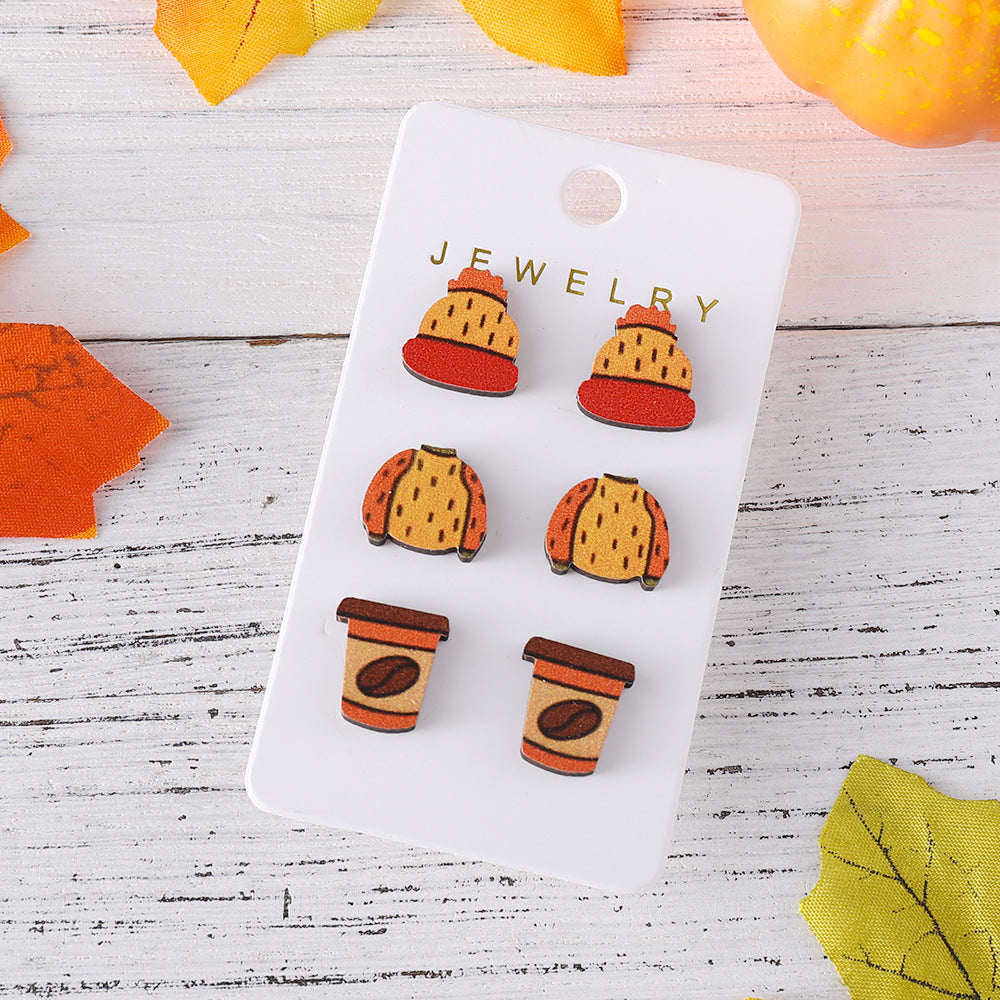 Wholesale Thanksgiving Maple Leaf Wood Pumpkin Earrings suit