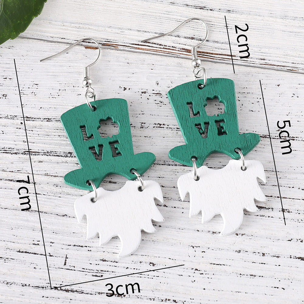 Wholesale St Patrick's Day green hat dwarf beard  LOVE wooden double-sided earrings