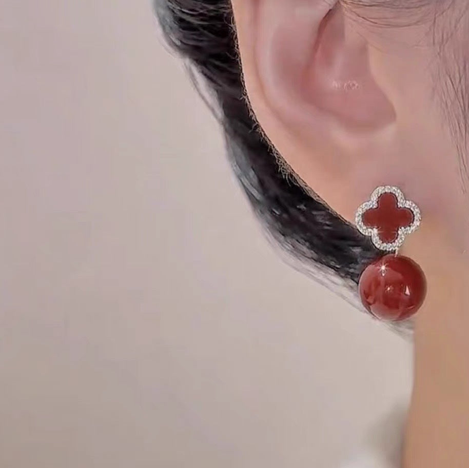 Wholesale front and back four leaf clover red earrings
