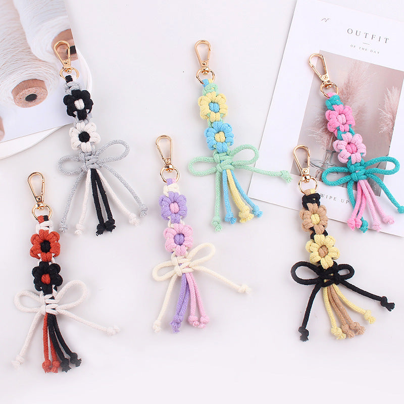 Wholesale Handwoven Cotton Rope Keychain Cartoon Flower Bow In Pink Korean Style Festival Gift