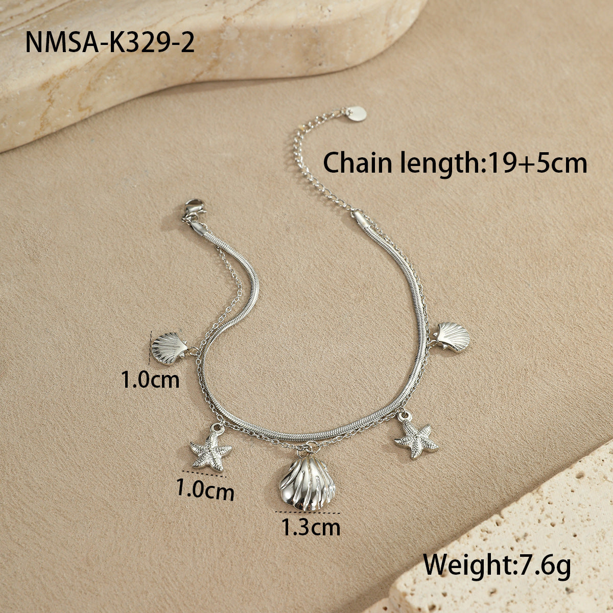 Wholesale Ocean-style stainless steel starfish shell heart anklet